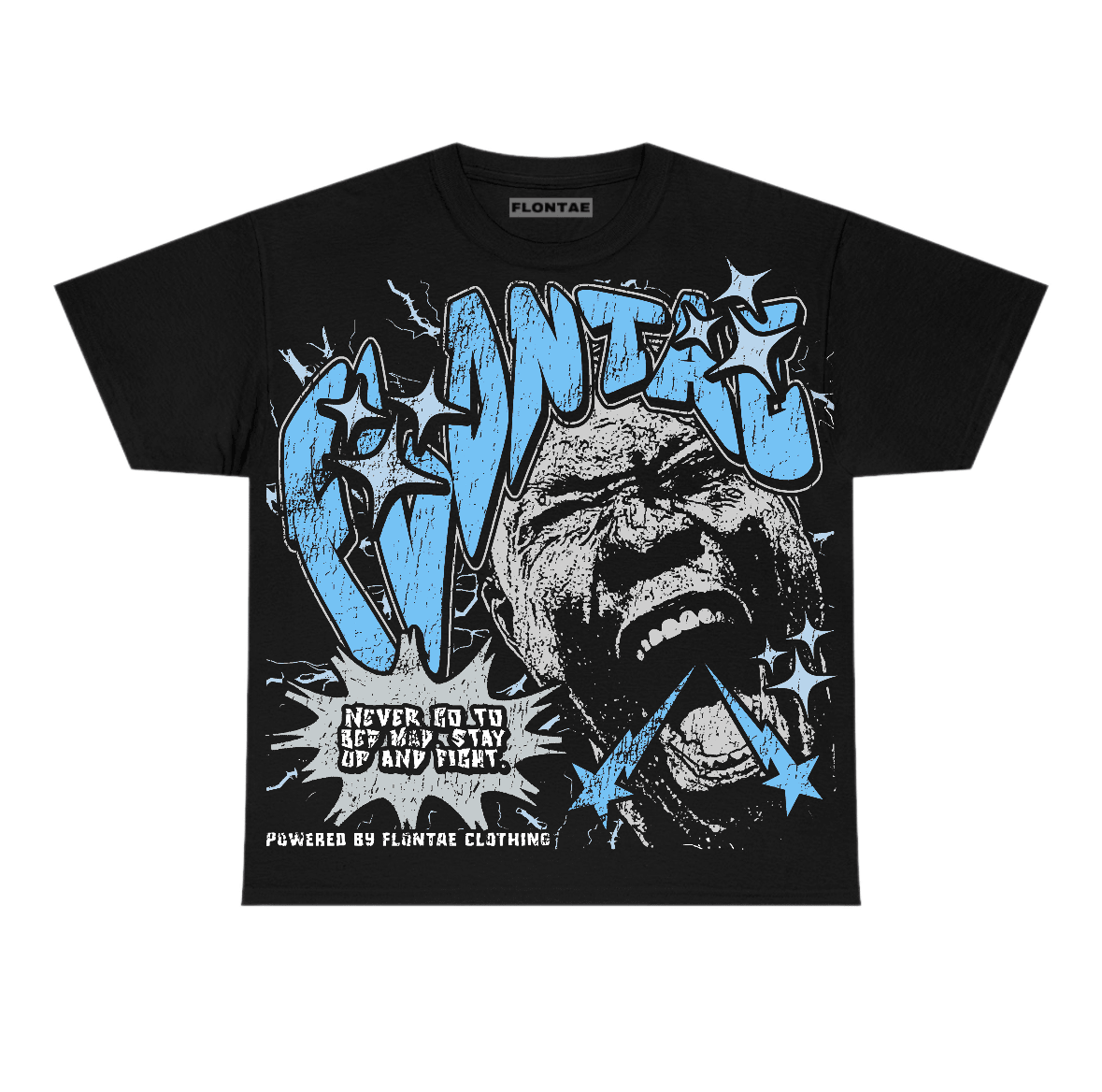 Black University Blue 5s Flontae T-Shirt Never Quit Graphic
